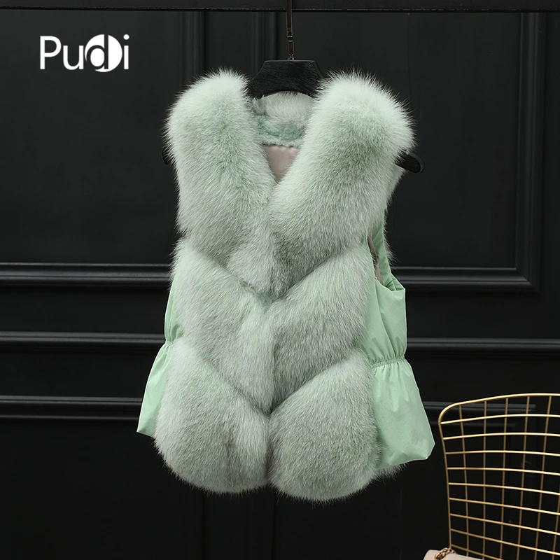 Pudi VT912 женский комбинированный жилет натуральный Лисий мех пальто леди вниз Подкладка Зима теплый подлинный натуральных мех Роскошная накидка шаль - Цвет: green