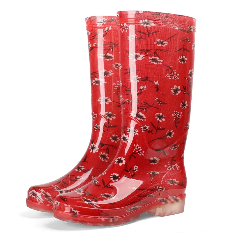 Flower Pvc Rain Boots Women High Waterproof Water Shoes Thick Heel Autumn New Female Casual Rainboots for Rain for Women