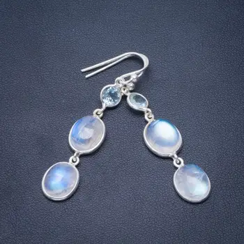 

Natural Rainbow Moonstone and Blue Topaz Handmade Unique 925 Sterling Silver Earrings 2" B2229