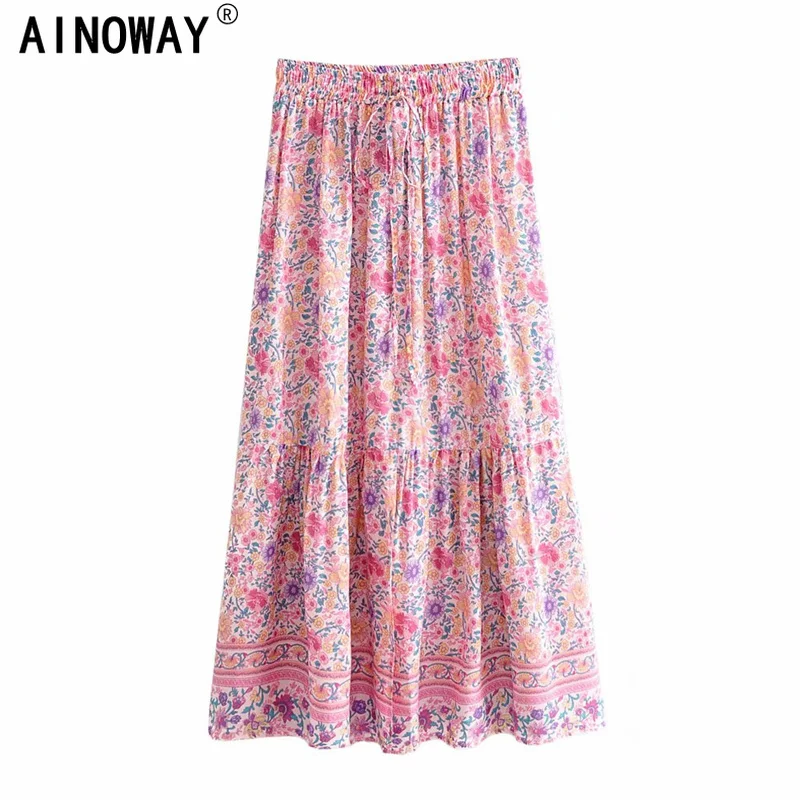 

Vintage chic fashion Hippie women beach Bohemian pink floral print skirt High Elastic Waist A-Line Boho rayon Maxi Skirt Femme