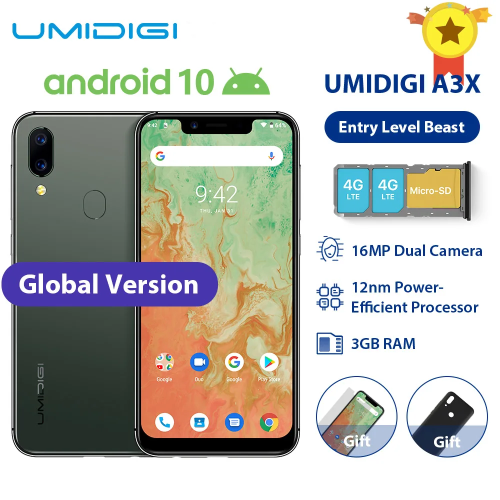 UMIDIGI A3X смартфон с 5 5-дюймовым дисплеем процессором MT6761 ОЗУ 3 ГБ ПЗУ 16 13 МП 7 мАч Android