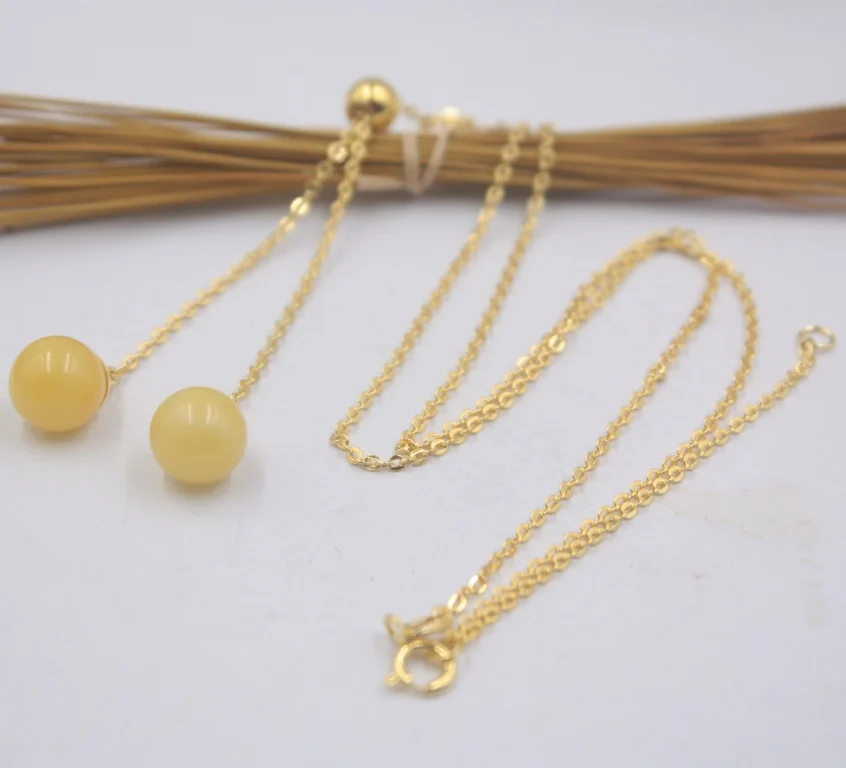 

Real S925 Silver Necklace Women's Girl Birthday Gift Two Amber Ball Link 17.7inchL New Gift