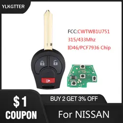 YLKGTTER 3 кнопки дистанционного ключа автомобиля для NISSAN Qashqai Sunny Sylphy, TIIDA X-Trail CWTWB1U751 с 315 МГц ID46 передатчик с интегральной схемой