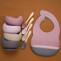 BPA Free Baby Silicone Tableware Waterproof Bib Flexible Saliva Towel Solid Color Sucker Bowl And Spoon For Children 1