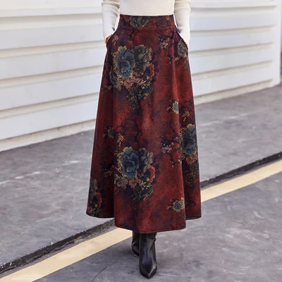 HAYBLST брендовая Длинная женская юбка осень зима размера плюс 3XL элегантный корейский Стиль Высокая талия модный принт шерстяная одежда - Цвет: Peony Print