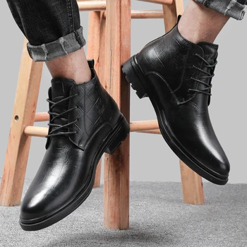 

Spring/Winter Fur Men Boots Cow Leather Men Ankle Boots Lace-Up Casual Top Quality Shoes Men British Style Winter Shoes