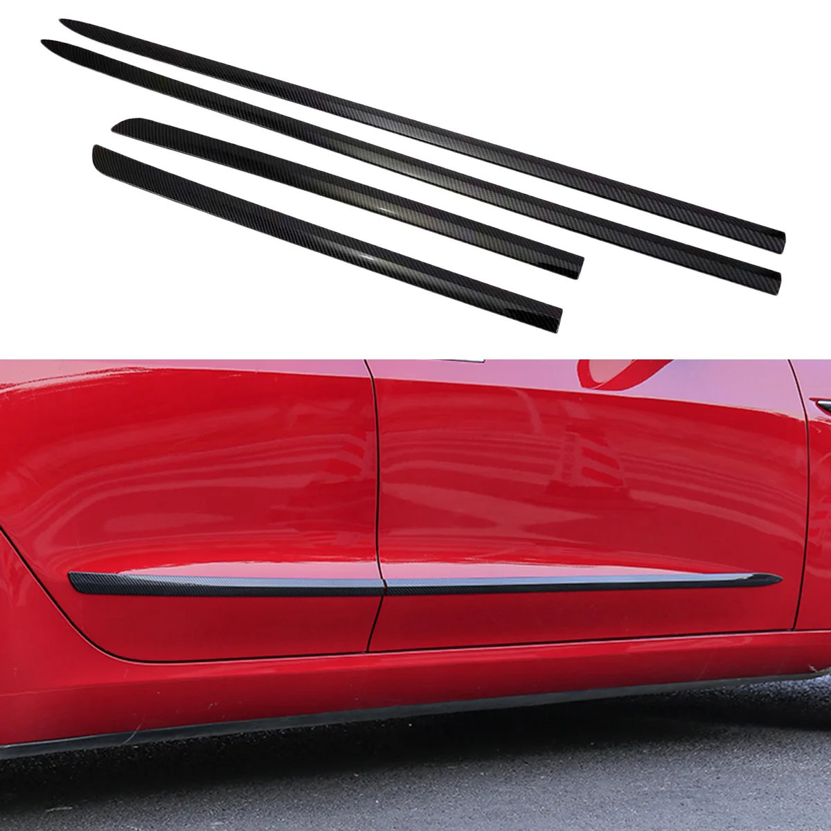 

Carbon Fiber Door Side Body Molding Cover Strips Trim For Tesla Model 3 2017 2018 2019 2020 2021 Accessories 4pcs