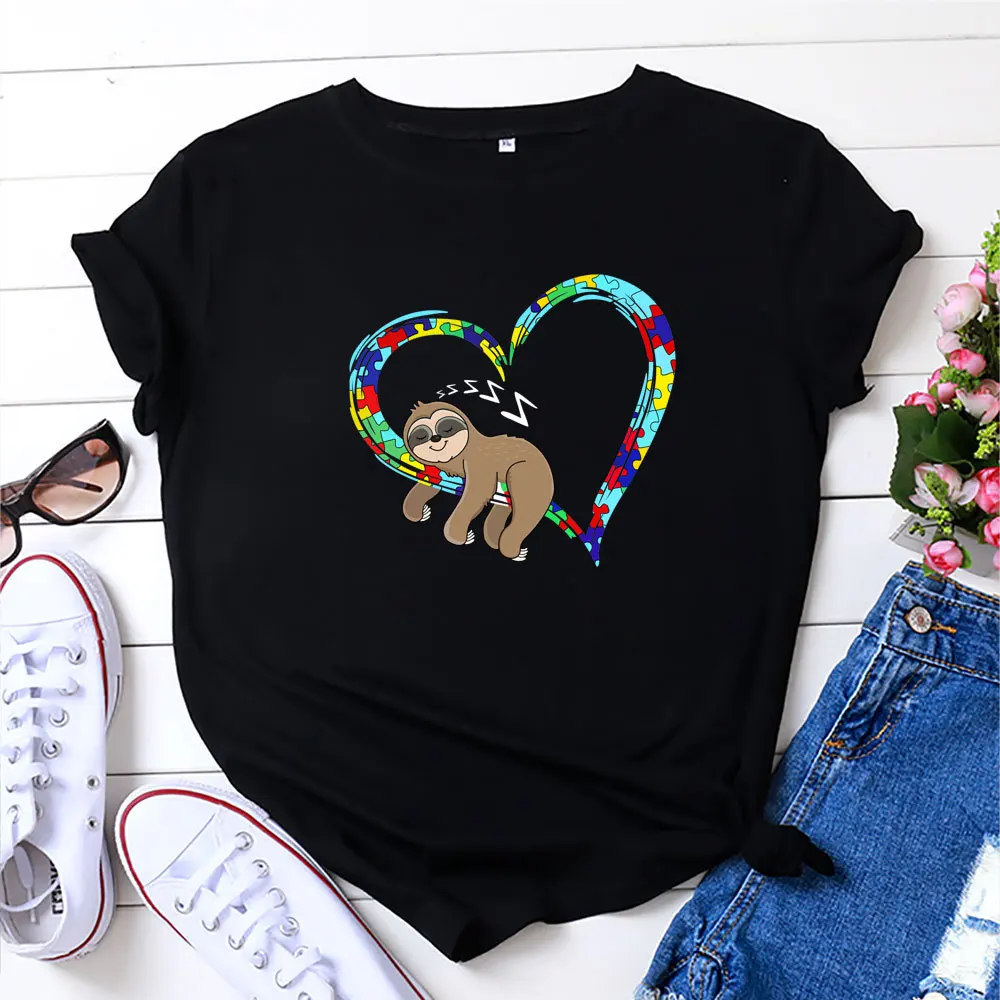

100% Cotton Summer Cartoon Sloth Heart Sleep New Women's T-shirt O-Neck Harajuku Top Casual Female T shirt Oversized Size S-5XL