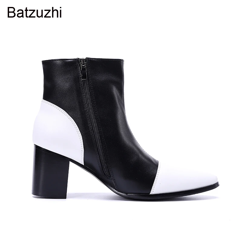 Batzuzhi 7.5cm Heels Highs Men's Boots Handmade Personality Black White Genuine Leather Ankle Boots Men for Party & Wedding Male