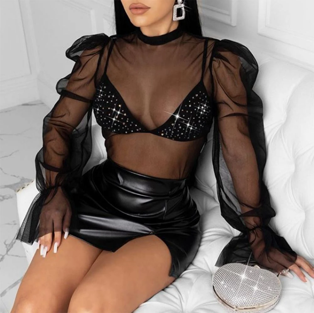mesh top with rhinestones