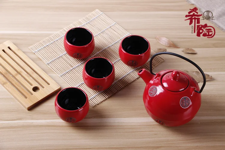 Japanese style ceramic kung fu tea sets wedding supplies cup teapot tray Chinese traditional red teapot suit newlywed gift