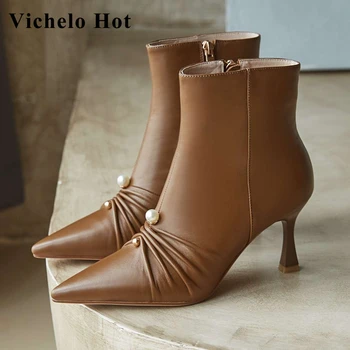 

Vichelo Hot natural leather pointed toe high heel pearl pleated special design beauty lady daily wear elegant ankle boots L90