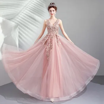 

Elegant Prom Dresses Cheap V neck Backless Lace Applique Embroidery Beaded Party Evening Gowns Floor Length Tulle