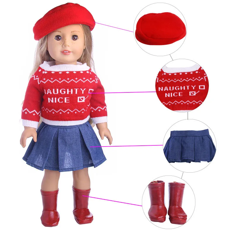 

18 Inch American Doll Clothes 3 PCS Red Hat+Sweater+Skirt Clothing Set Fit For 43cm Baby Bron&Rebron Dolls Accessories For Toy