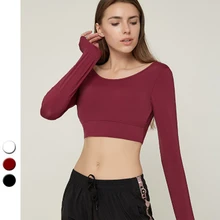 Длинные рукава Бесшовные кроп Топ крест обратно рубашки для тренировки бег фитнес с Встроенный лифчик женские рубашки с отверстиями для большого пальца