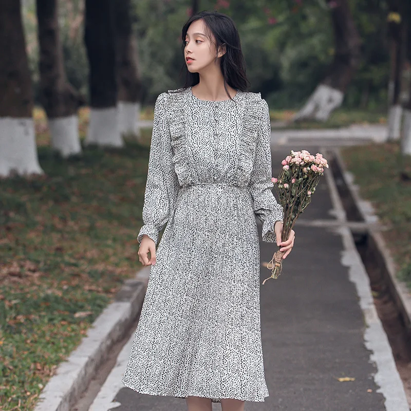 

Japanese Mori Girl Chiffon Dress Spring Autumn Women Long Sleeve Retro Floral Print Long Pleated Dresses S M L