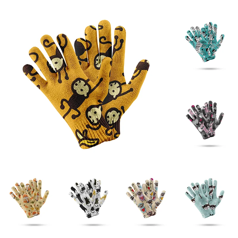 Cartoon Monkey Fox Garden Gloves 3D Printed Cute Harajuku Women Men Stretch Knit Mittens Anti Slip Windproof Spring Ride Gloves women s spring touch screen gloves 3d printing splicing knitted sports mitten men s stretch ride bike five finger gloves