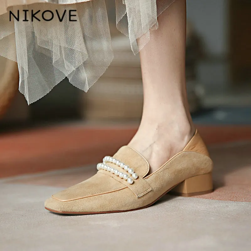 NIKOVE 2021 Spring Autumn Square Toe Buckle Women Pumps Shoes Cow Leather+PU Low Heel Fashion Ladies Size 34-39 | Обувь