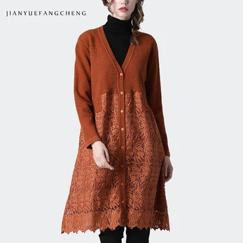 

Fashion Women Sweater Dress Long Cardigan Lace Patchwork Loose Plus Size 2019 Autumn Winter Outwear Knitted Female Casual Dress