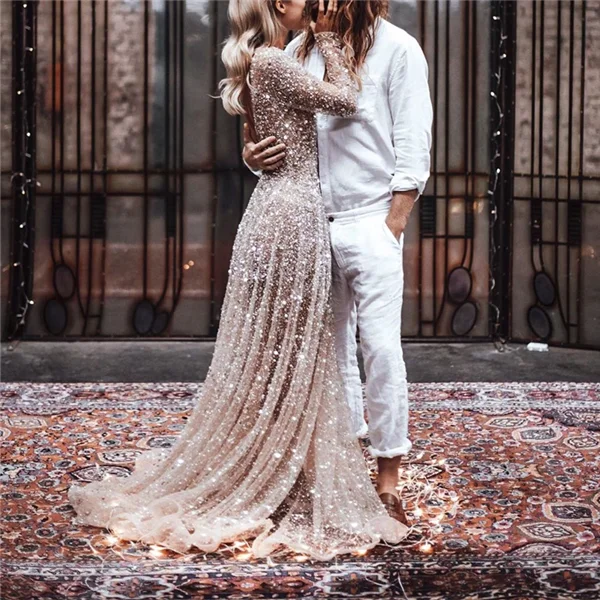 Robe De Mariee, Длинные свадебные платья с рукавами,, блестящее платье невесты с блестками, свадебное платье, ТРАПЕЦИЕВИДНОЕ богемное платье, Vestido De Noiva - Цвет: as picture