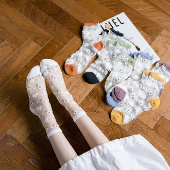 

Dreamlikelin Summer Female Transparent Small Daisy Embroidery Socks Women Fashion Glass Silk Short Socks