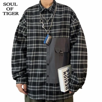 

SOUL OF TIGER New 2020 Korean Fashion Style Men Spring Vintage Shirts Male Casual Loose Plaid Tops Cotton Clothes Plus Size XXXL