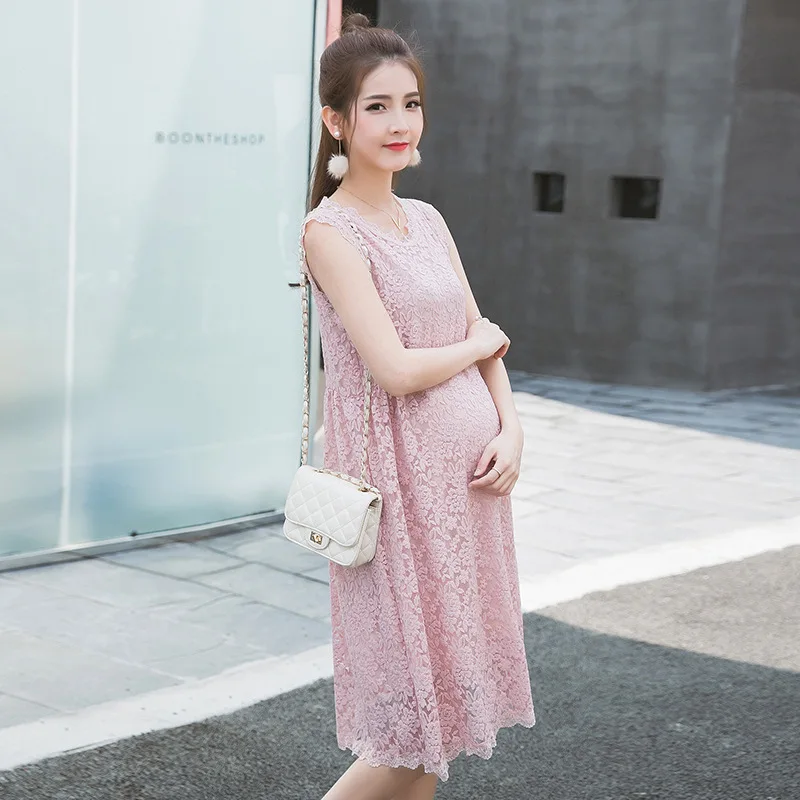

2018 Summer New Style Korean-style Lace Sleeveless Mid-length Dress Tops Maternity Clothes