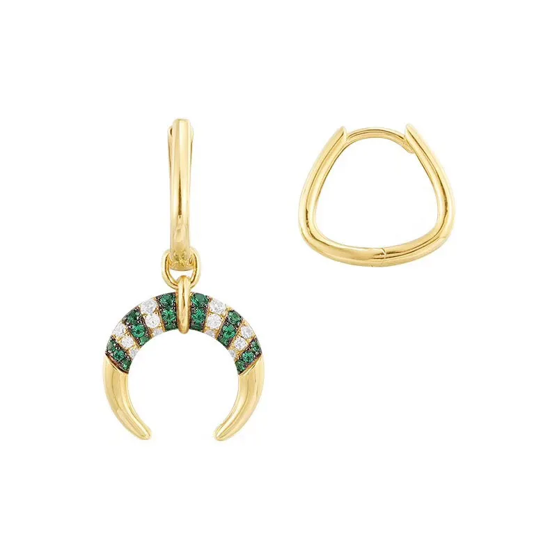 

New 925 Sterling Silver Yellow Gold Color Asymmetric Green and White Zircon Stripes Tribal Crescent Moon AB Earrings for Women