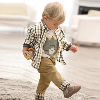 

New Baby Boys Clothes Gentleman Boy Set 3pcs Plaid Print Shirt Cartoon T-Shirt Pant Toddler Suit Set