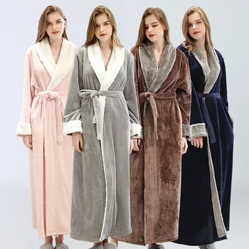 

2019 Women Winter Plus Size Long Flannel Bathrobe Kimono Warm Bath Robe Night Fur Robes Bridesmaid Dressing Gown Men Sleepwear
