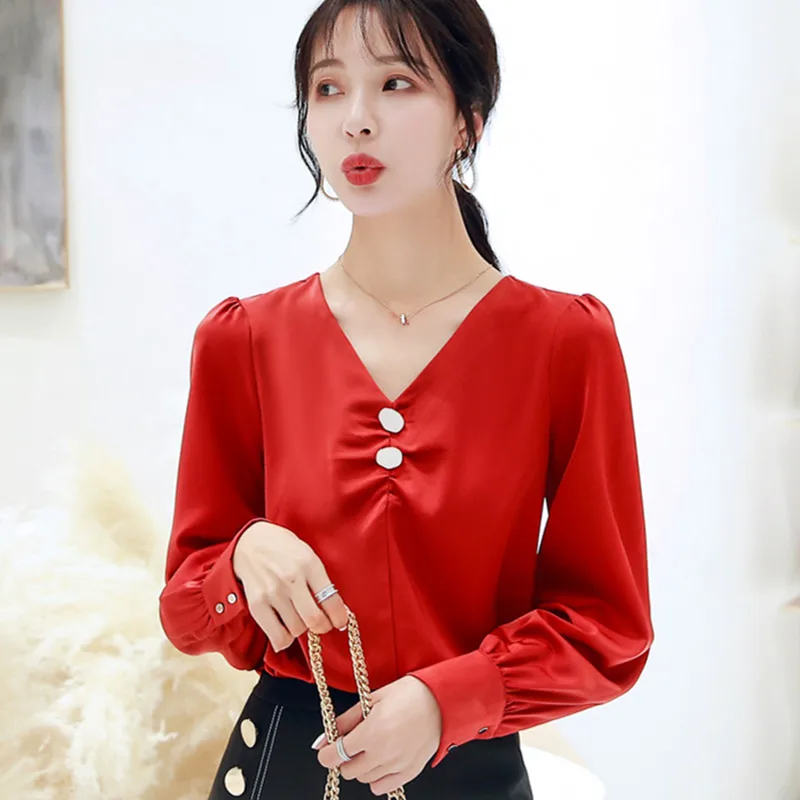 

Korean Silk Blouses Women Satin V Neck Blouse Shirt Woman Long Sleeve Blouse Top Plus Size Blusas Women Tops Solid Button Full