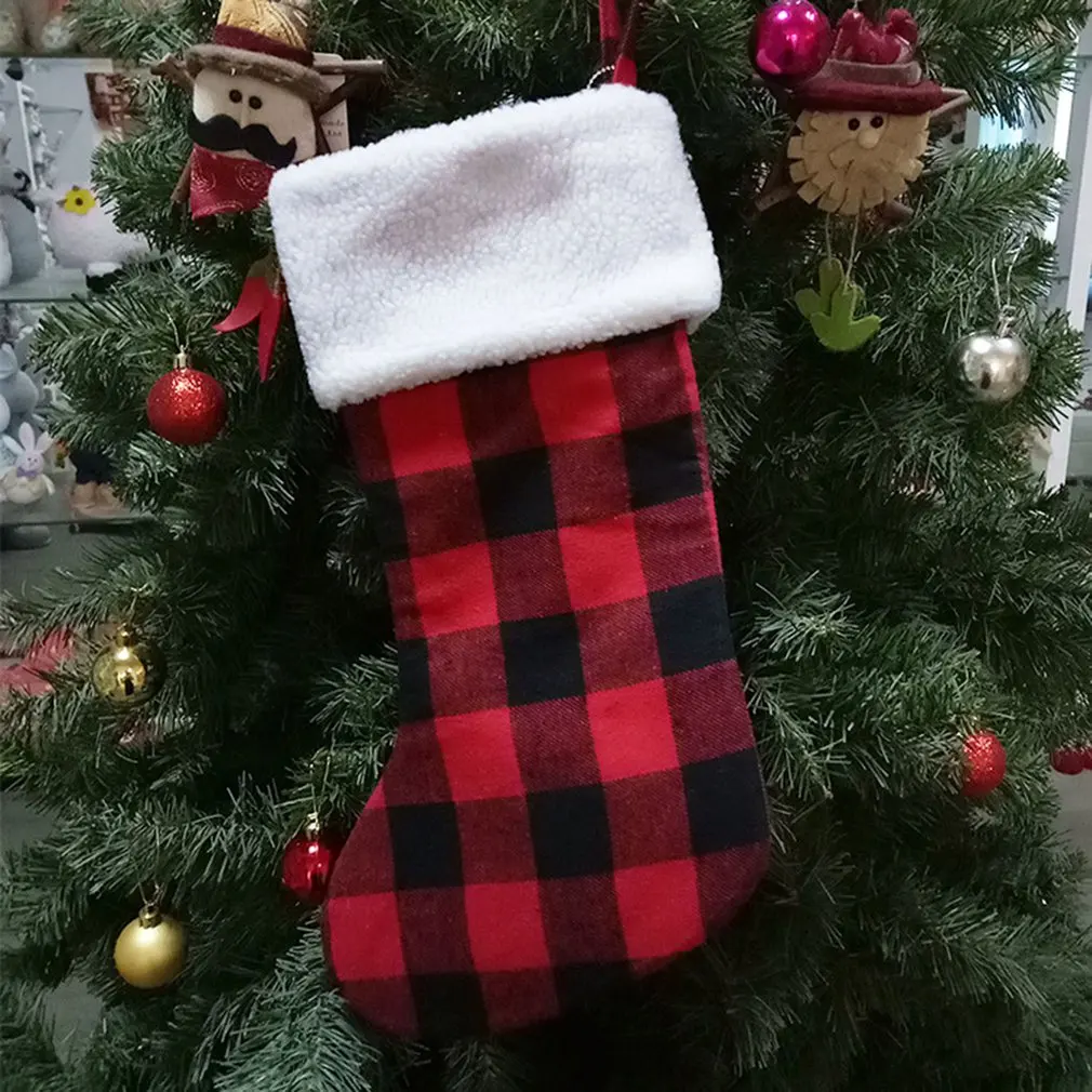 Black Red Plaid Christmas Stocking with White Faux Fur Cuff Buffalo Check Socks for Holiday Christmas Decorations