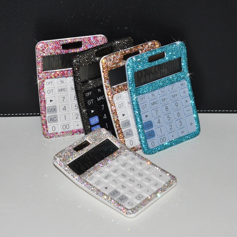 Shiny Ultra-thin Portable Diamond Calculator Mini Women Cute Crystal Plastic 12 Digit Dual Power Solar Office Business Supplies 5