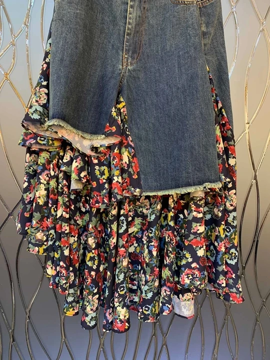Autumn Early New Women's Wear Symmetrical Pocket Bottom Fold Printing Mosaic Denim Mid-length Half-length Skirt 1001