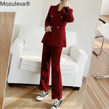 

BornSra Two Pieces Ladies Outfits Vintage Chic Double-breasted Women Corduroy Blazers & Female Trousers High Waist Suit Pants