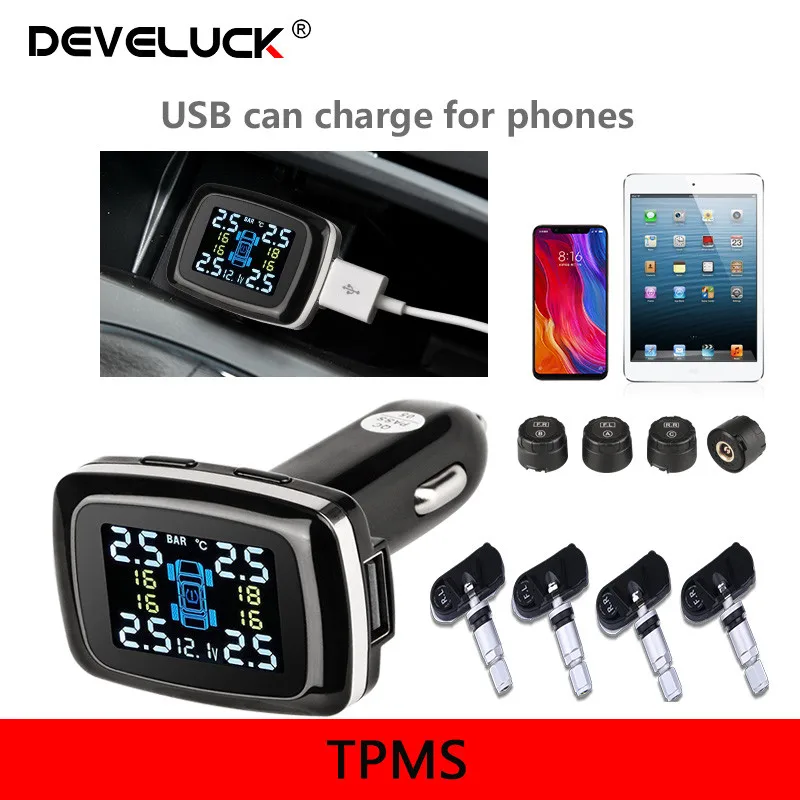 

Develuck Car TPMS Cigarette Lighter Wireless Universal TPMS Digital tpms Tire Pressure Alarm System 4 External Internal Sensor