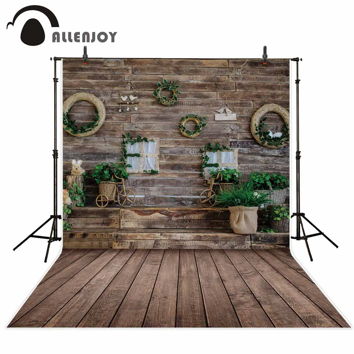 

Allenjoy spring photophone backgrounds Easter decoration eggs wood room floor plant wreath photography backdrops photocall