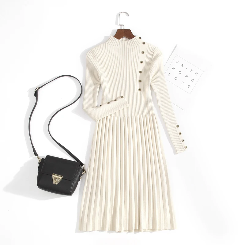 Hirsionsan Плиссированное трикотажное платье-свитер женский однотонный цвет длинный Элегантный тонкий джемпер на пуговицах с высокой талией - Цвет: White
