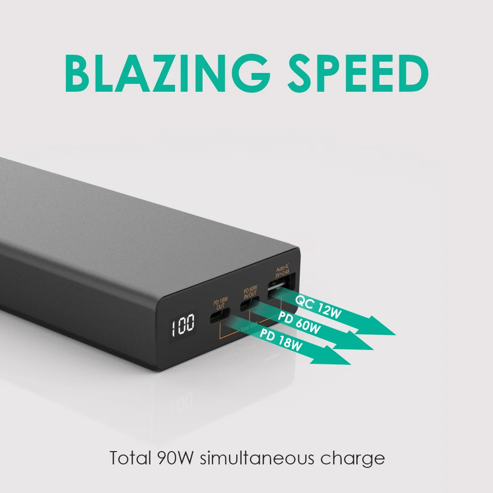 RYKO ATOM PLUS 파워 뱅크, 20000 mAh USB-C, 60W