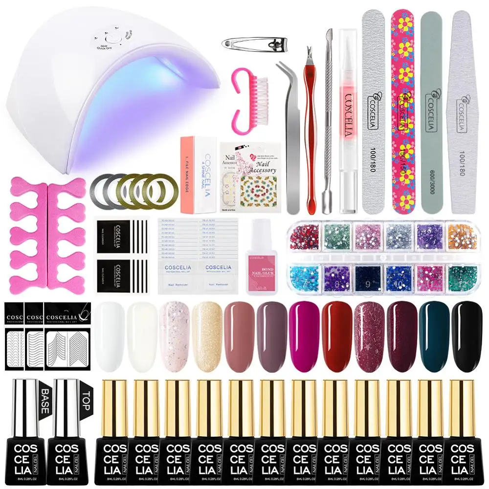 COSCELIA 6/8/10/12 Цветов набор гель-лаков для ногтей акриловый Фрезер для ногтей cо шлифовальными комплект маникюрный набор 36 Вт Светодиодная УФ-лампа для ногтей Мини сверлильный станок для маникюра