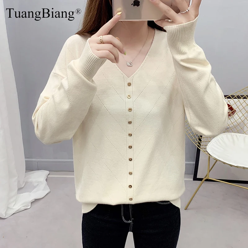 

Ladies Loose Hollow out Beige Knit Sweater Women autumn Winter Long Sleeve Button Pullovers Femme V-neck Eyelet Tops jumper 2019