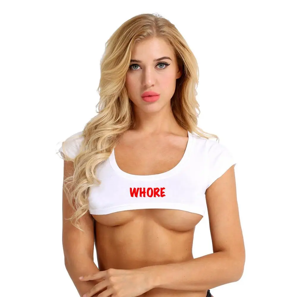 RED WHORE Обрезанная Футболка Топ укороченный женщина сексуальная пиковая королева рабыня шлюха БДСМ - Цвет: RED WHORE