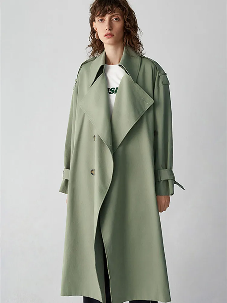 

2019Spring Autumn Women England Style Casual Loose 100%Cotton X Long Belted Trench Ladies Elegant Light Green Outerwear Overcoat