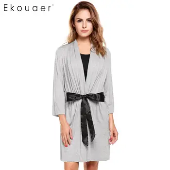 

Ekouaer Womens 3/4 Sleeve Solid Contrast Color Robe With Satin Belt Silk Kimono Robe Bathrobe Women Silk Satin Robe Ladies Dress