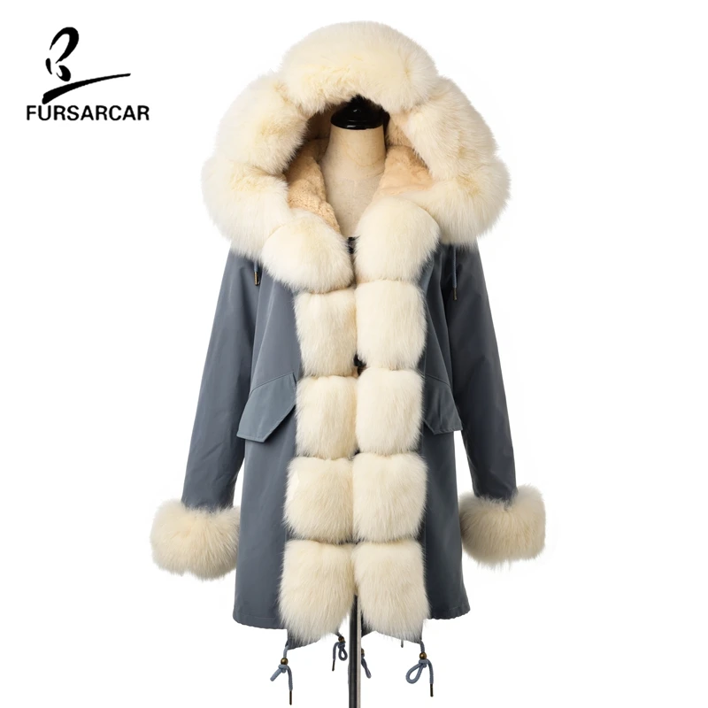 FURSARCAR высокое качество Для женщин зимние куртки и пальто с настоящим подкладка из кроличьего меха и Лисий меховой воротник Женская худи куртки-парки