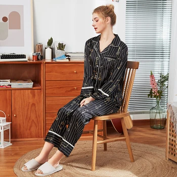 

Wasteheart Black Gray Women's Sleep Pajama Sets Sleepwear Striped Nightwear Suits Faux Silk Plus Size Nightgown