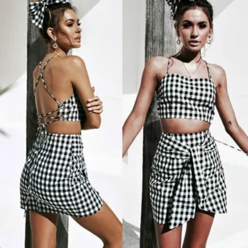 

Women Summer Sleeveless Beach 2 Pieces Plaid Set Bandage Crop Top +Bodycon Skirt Set Party Holiday Vacation Suit