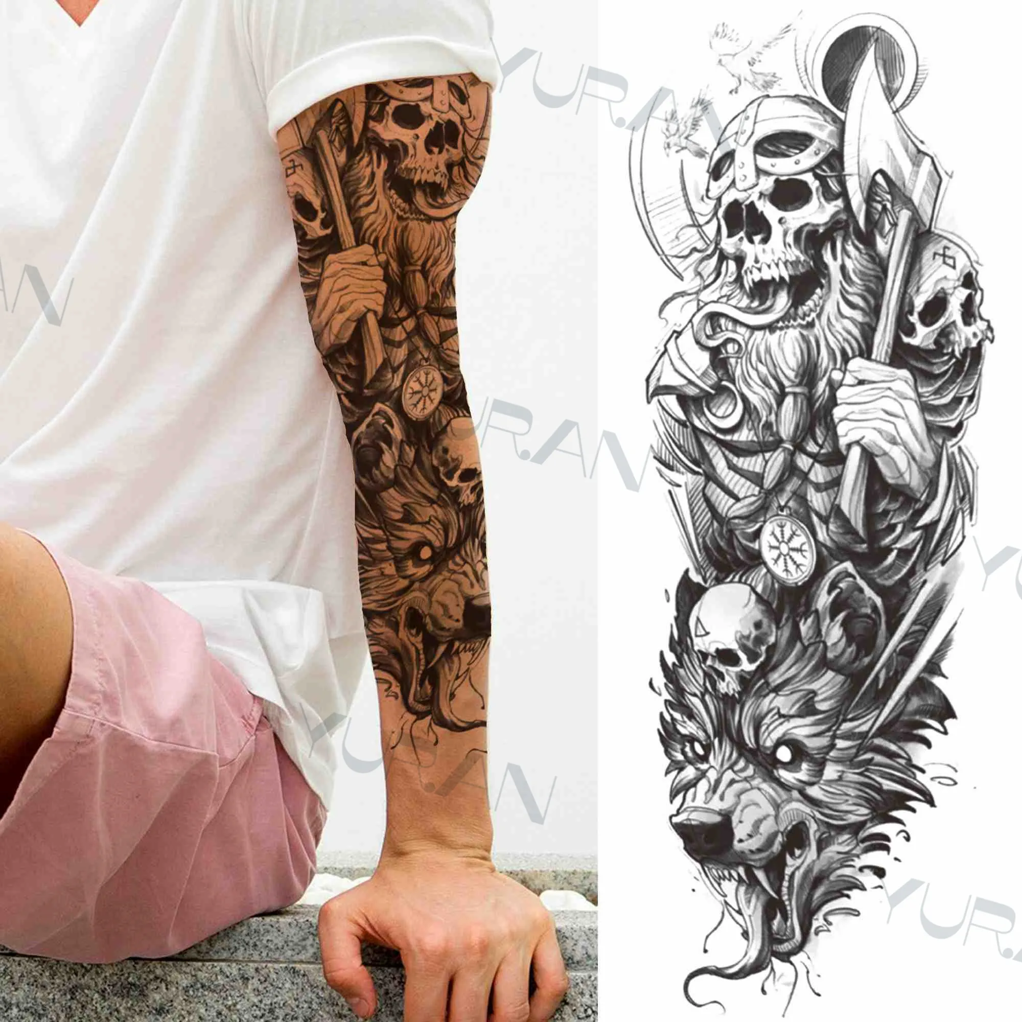 Manicotto Tatuaggio Finto Manica Con Donna Alata E Uomo Con Occhiali, Mezza Manica Tribale, Idea Regalo Originale, Taglia Unica (W27 - T27)