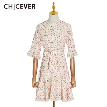 

CHICEVER Vintage Print Patchwork Lace Dresses Women O Neck Flare Sleeve High Waist Bowknot Mini Dress Female 2020 Fashion New