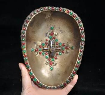 

wedding decoration 7" Old Tibet temple Skull Silver inlay Agate Dzi bead Kapala Bowl cup Kapala